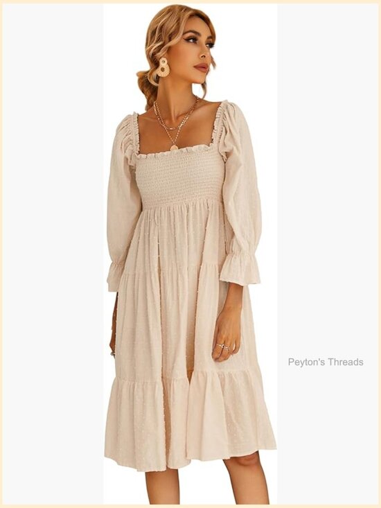 Dresses & Skirts - Women's Cotton Puff Sleeve Off-Shoulder Bow Midi Dress